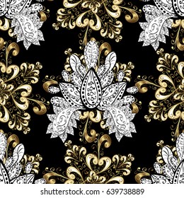 Vector golden pattern. Seamless golden textured curls in oriental style arabesques. Golden pattern on black background with white doodles.