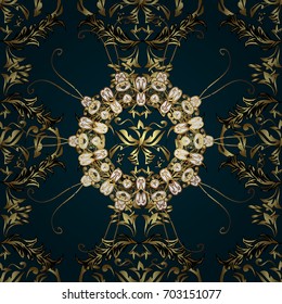 Vector golden pattern. Seamless textured curls. Oriental style arabesques golden pattern on a blue background with golden elements.