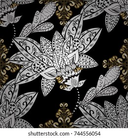 Vector golden pattern. Seamless golden textured curls in oriental style arabesques. Golden pattern on black, white and gray colors with white doodles.