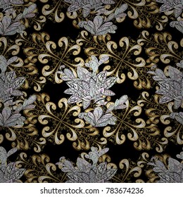 Vector golden pattern. Seamless golden textured curls in oriental style arabesques. Golden pattern on colors with white doodles.