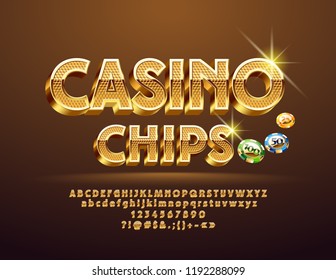 Vector Golden pattern text Casino Сhips with Illustration. Luxury 3D Font. 
Sparkling elegant Alphabet Letters, Numbers and Symbols