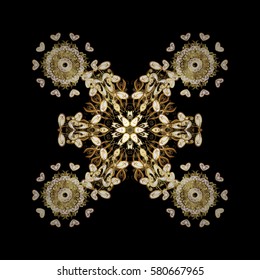Vector golden pattern. Golden textured curls in oriental style arabesques. Golden pattern on black background with white doodles.