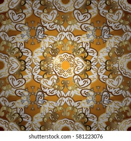 Vector golden pattern. Textured curls. Oriental style arabesques golden pattern on a yellow background with golden elements.