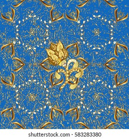 Vector golden pattern. Golden textured curls. Oriental style arabesques. Colored pattern on blue background with golden elements.