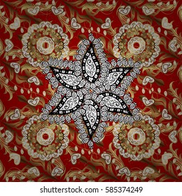 Vector golden pattern. Textured curls. Oriental style arabesques golden pattern on a red background with golden elements.