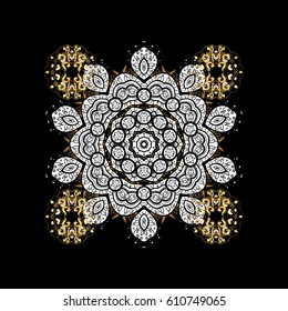 Vector golden pattern. Golden textured curls in oriental style arabesques. Golden pattern on black background with white doodles.