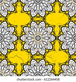 Vector golden pattern. Golden textured curls. Oriental style arabesques. Colored pattern on yellow background with golden elements.