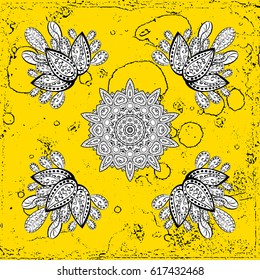 Vector golden pattern. Golden textured curls in oriental style arabesques. Golden pattern on yellow background with white doodles.