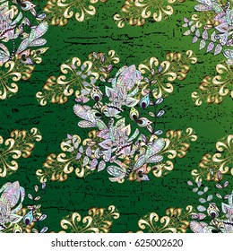 Vector golden pattern. Golden textured curls. Oriental style arabesques. Pattern on green background with golden elements.