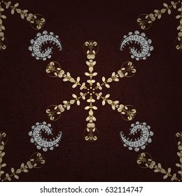 Vector golden pattern. Golden textured curls. Oriental style arabesques. Brown background with golden elements.