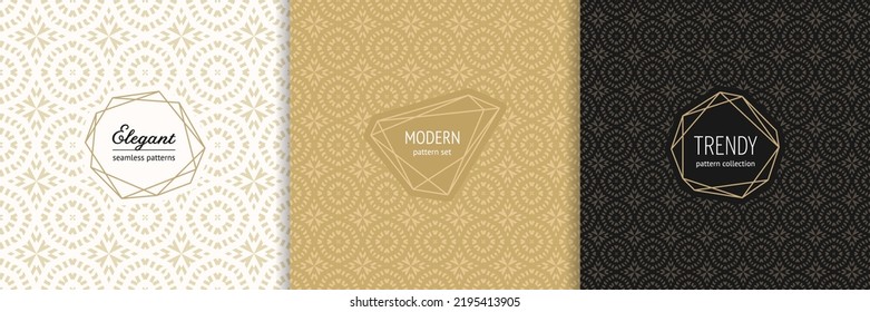 Vector golden patterns set. Luxury ornamental seamless ornaments in traditional arabian, moroccan, turkish style. Gold abstract floral mosaic background texture. Modern minimal labels. Premium design