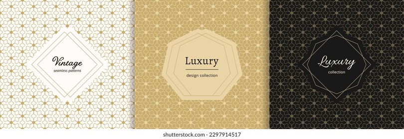 Patrones de oro vectoriales. Lujosos adornos ornamentales sin costura de estilo tradicional islámico, oriental y asiático. Textura de fondo de mosaico floral abstracto de oro. Etiquetas minimalistas modernas. Diseño premium