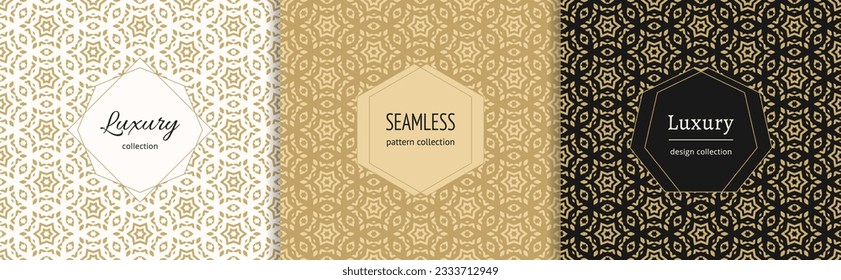 Patrones de oro vectoriales. Lujosos adornos ornamentales impecables en estilo tradicional arabio, marroquí e islámico. Textura de fondo de mosaico floral abstracto de oro. Etiquetas minimalistas modernas. Diseño premium