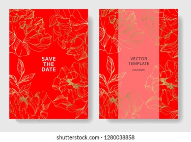 Vector Golden peony. Floral botanical flower. Engraved ink art. Wedding background card floral decorative border. Thank you, rsvp, invitation elegant card illustration graphic set banner.