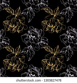 Vector Golden peony floral botanical flower. Wild spring leaf wildflower isolated. Engraved ink art. Seamless background pattern. Fabric wallpaper print texture.