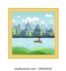 vector of golden picture frame with cute cartoon paddle on the river and nature landscape  on white background