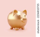 Vector golden piggy bank 3d render on pink background. Glossy realistic piggy bank, digital art.