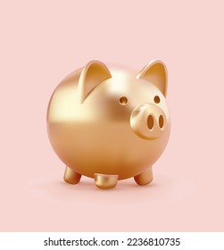 Vector golden piggy bank 3d render on pink background. Glossy realistic piggy bank, digital art. - Shutterstock ID 2236810735