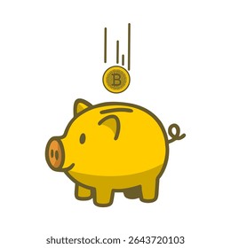 Vector of a golden piggy bank with bitcoin coins falling on it, depicting about saving crypto on white background