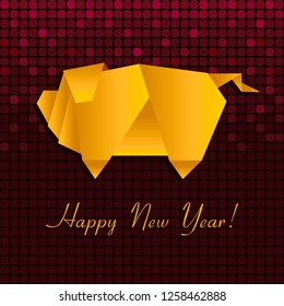 Vector golden pig-origami on burgundy shimmering background with yellow lettering