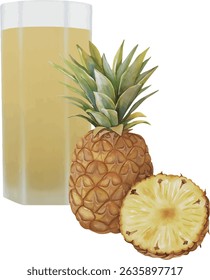 vector Golden pineapple juice in tropical setting with pineapple slices and palm leaves. Ideal for exotic cocktails and summer recipes.