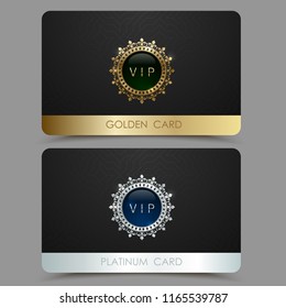 Vector golden and platinum VIP card template. Crown round frame with gem on a black geometric pattern background. Jewel label design plastic card with metallic line.