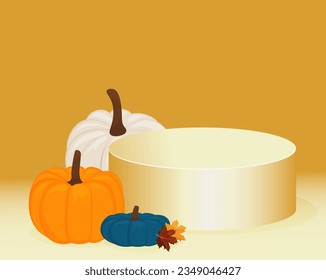 Vector golden podium with pumpkins and autumn leaves. background.