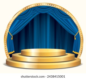 vector golden podium stage with blue curtain