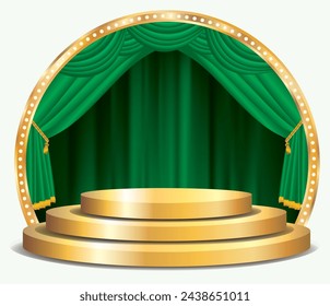 vector escenario de podio dorado con cortina verde