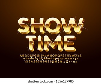 Vector Golden poster Show Time. 3D luxury Font with sparkling stars. Glittering elite Alphabet Letters, Numbers and Symbols