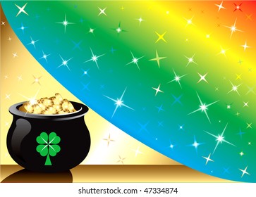 Vector Golden Pot Gold Rainbow star Background with stars. There is space for text or image.