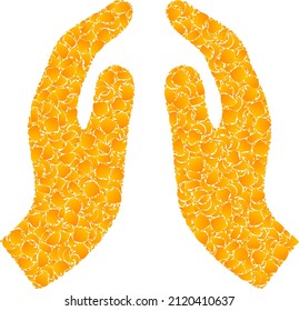 Vector golden pray hands mosaic icon. Pray hands is isolated on a white background. Gold items mosaic based on pray hands icon. Mosaic pray hands iconic image is composed with yellow items.