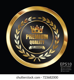 Vector : Golden Premium Quality 100% Guarantee with Wheat Laurel Wreath Ribbon Sticker Icon 