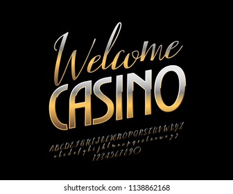 Vector Golden promo Banner Welcome Casino. Luxury Rich Metal Font. Glossy Alphabet Letters, Numbers and Symbols