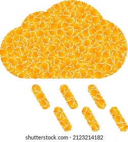 Vector golden rain mosaic icon. Rain is isolated on a white background. Golden items mosaic based on rain icon. Mosaic rain iconic image is organized with yellow elements.