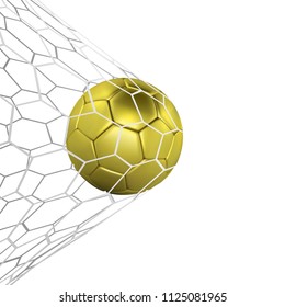Vector golden Realistic soccer ball or football ball in net isilated on white background. 3d Style vector Ball. Football game match goal moment.