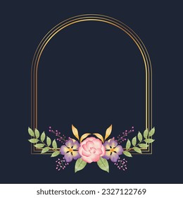 Vector golden rectangle frame with colorful watercolor floral wreath