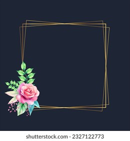 Vector golden rectangle frame with colorful watercolor floral wreath
