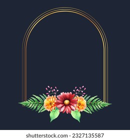 Vector golden rectangle frame with colorful watercolor floral wreath