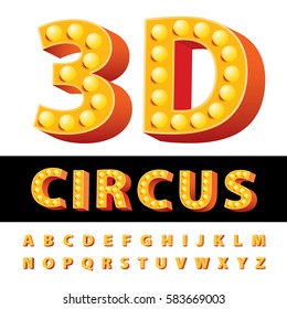 vector golden and red entertainment, circus or casino letters with bulb lamps