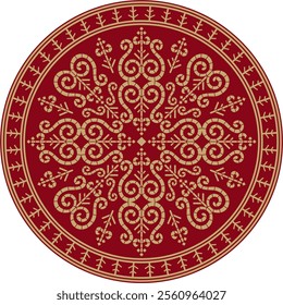 Vector golden and red round Yakut ornament. Endless circle, border, frame of the northern peoples of the Far East.