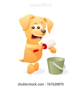 Vector golden retriever cleans himself by red adhesive lint roller over green trash bin. Yellow cartoon dog looks around in confusion and uses a domestic cleaning tool. Cute isolated pet character.