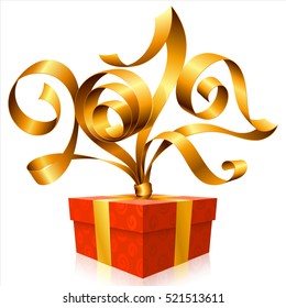 Vector golden ribbon and gift box isolated on white background. Symbol of New Year 2017
