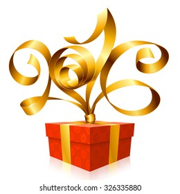 Vector golden ribbon and red gift box. Symbol of New Year 2016