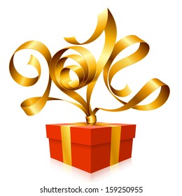 Vector golden ribbon in the shape of 2014 and gift box. Symbol of New Year