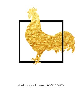 Vector golden rooster on white background. Rooster golden silhouette on black frame.
