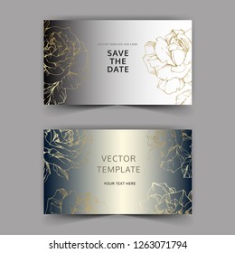 Vector Golden rose flower on silver card. Wedding background card floral decorative border. Thank you, rsvp, invitation elegant card illustration graphic set banner. Engraved ink art.