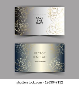 Vector Golden rose flowers on silver card. Wedding background card floral decorative border. Thank you, rsvp, invitation elegant card illustration graphic set banner. Engraved ink art.