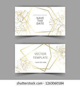 Vector Golden rose flowers on the card. Wedding background card golden crystal border. Thank you, rsvp, invitation elegant card illustration graphic set banner. Engraved ink art.