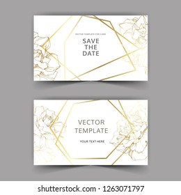 Vector Golden rose flowers on the card. Wedding background card golden crystal border. Thank you, rsvp, invitation elegant card illustration graphic set banner. Engraved ink art